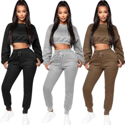 China C91681 women crop top fleece tracksuit round neck 2 piece sweatshirt for women solid color fall clothing 2019 hot sale for sale