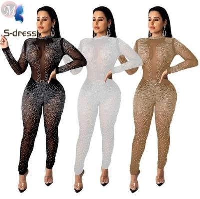 China 9120316 cheap price hot drilling rhinestone mesh see through club wear sexy jumpsuits High Fashion Women Clothing for sale