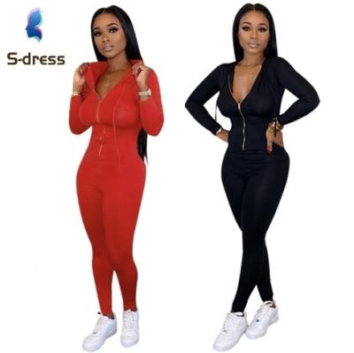 China Long Sleeve Slim Womens Suit Solid Color Hood Women One Piece Jumpsuit With Zip Front for sale