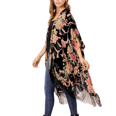 China Anti-pilling Oversize Floral Printing Fringe Kimono Cardigan Women Long Beach Cover Up Casual Tops for sale