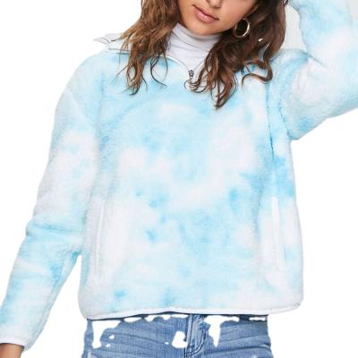 China Anti-wrinkle Blue Tie-dye Plush Hidden Pocket Faux Shearling Half-Zip Pullover Women's Custom Hoodie Sweater for sale