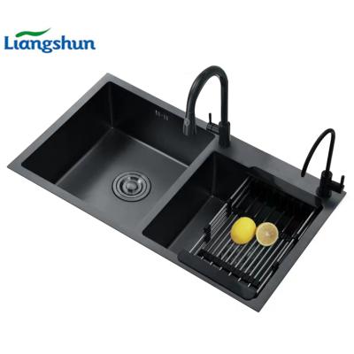 China Without Tap Fregadero SUS304 Basin Undermount Stainless Steel Handmade Black Kitchen Sink Double Nano Deep Bowl for sale