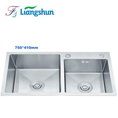 Cina With Faucet K-7541H Brushed Double Bowl Sinks 1.0mm Handmade House SUS304 Stainless Steel Kitchen Sink in vendita