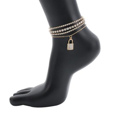 China Punk Multilayer Zirconia Lock Rhinestone Hip Hop Pendant 18k Gold Plated Tennis Chain Anklets for sale