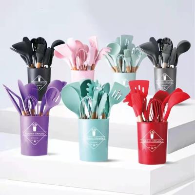 China 10pcs BPA Free Silicone Kitchen Sustainable Heat Resistant Colorful Utensil Set Wooden Handles Kitchen Tools Spatula Set Silicone Baking for sale