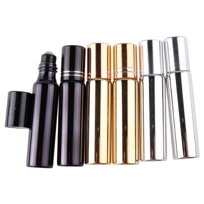 China Personal Care 10ml Electroplate UV Glass Bottle Essential Oil Roll On Glass Bottle With Light Black / Gold / Silver Color for sale