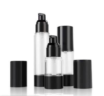 China 15ml 30ml 50ml Cosmetic Clear Plastic Round Lotion Airless Bottle With Black Press Pump And Black Cap for sale