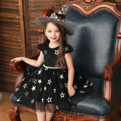 China Washable Halloween Costume Kids Dress Cosplay Girl Witch Star Hooded Dress With Witch Hat Magic Hat for sale