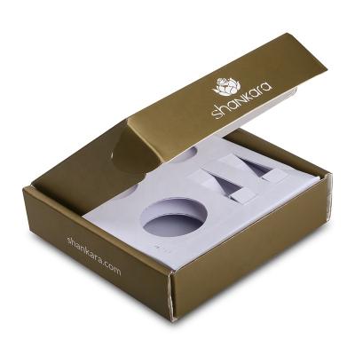 China Recyclable Pantone Gold Printing Corrugated Cardboard Cosmetic Packaging Box With Inner Tray For Shipping for sale