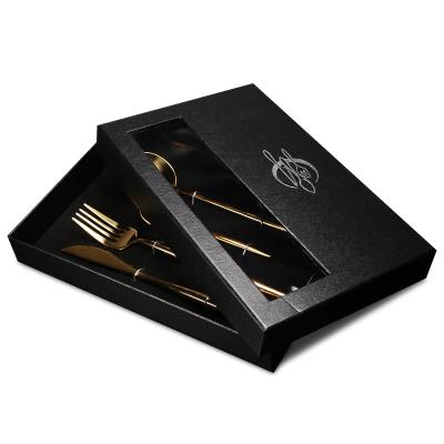 China Hot Stamping Recyclable Clear Luxury PVC Gold Logo Cardboard Dinnerware Set Knife Spoon Knife Fork Window Packaging Gift Box for sale