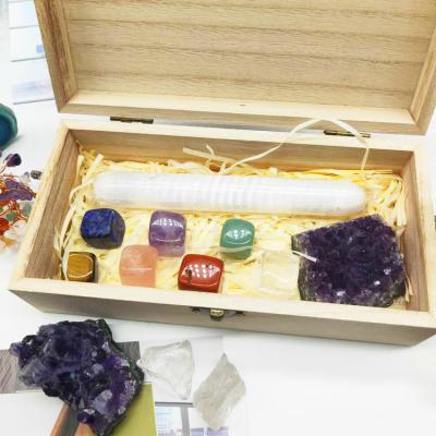 China China Donghai Natural Crystal Healing 7 Tumble Seven Stone Chakra Tree Gemstone Gift Set With Gift Box for sale