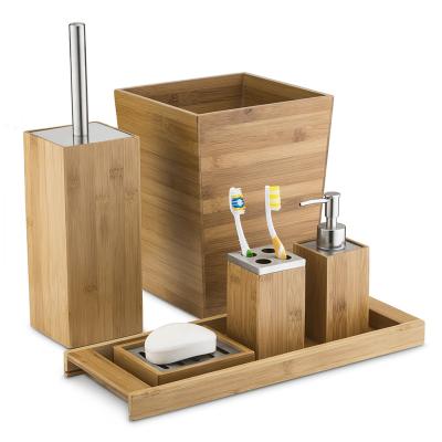 China Sustainable Decoration Natural Bamboo With Metal Base And Lid Bathroom Accessories Set For Hotel Or Home for sale