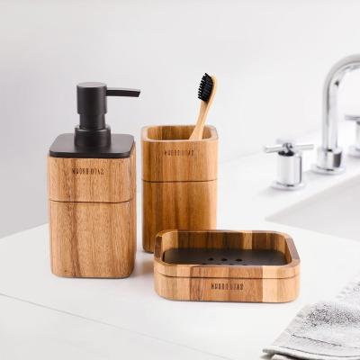 China Sustainable Luxury Natural Wooden With Toothbrush Holder 3pcs Bathroom Accessories Set For Hotel Or Home for sale