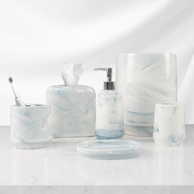 China Sustainable wholesale sky bule marble effect 6 pcs ceramic bathroom set hotel for sale