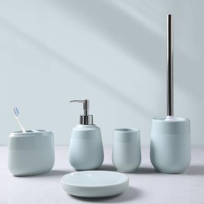 China Best Selling New Sustainable Nordic Style Blue Hotel Bathroom Sets Accessories Sets Ceramic Bathroom Sets for sale