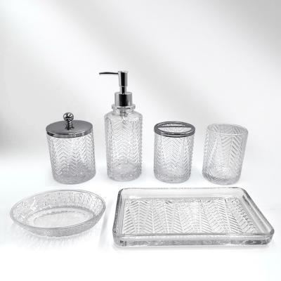 China 6 Pieces Sustainable Western Sublimation Clear Glass Bathroom Accessories Set With Lid for sale