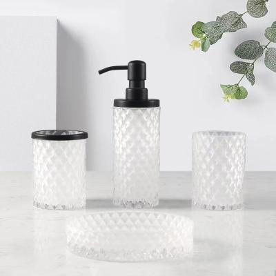 China Decorative Glass Set of 4 Viable Elegant Clear Glass Piece Toothbrush Holder Soap Dispenser Soap Dispenser Bathroom Accessories for sale