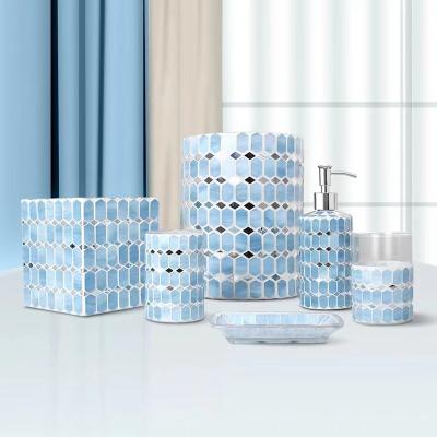 China New Design Sustainable Luxury Modern Mosaic Blue Ombre Crystal Glass 6 Pcs Accessories Bathroom Set for sale