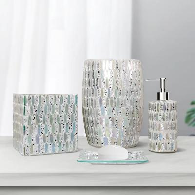 China Factory Price Sustainable Luxury Mosaic Ombre Sliver Glass 4 Pcs Colorful Accessories Bathroom Set for sale