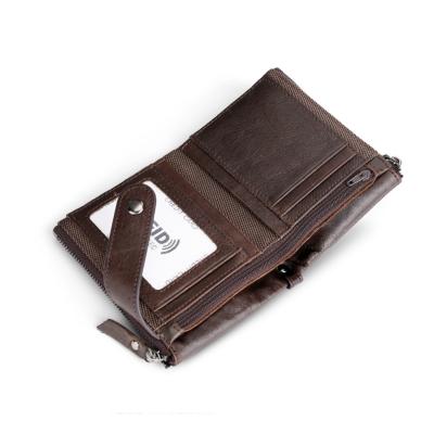 China Double Zipper Men's Short Wallet Zipper Clasp Men's Wallet Short Leather Clutch Waxed Leather Wallet for sale