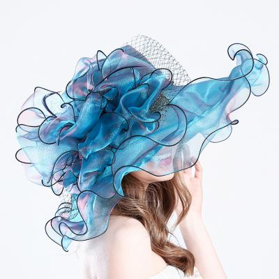 China Fashion Character Flower Big Brim Beach Wide Brim Sun Hat Party Wedding Organza Hat Kentucky Derby Church Hat For Women for sale