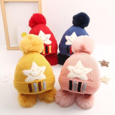 China New Fashion JOINT SEAL Pentagon Shape Cartoon Knitted Beanie Hat Autumn And Winter Children's Hat Baby Hats With Fur Ball for sale