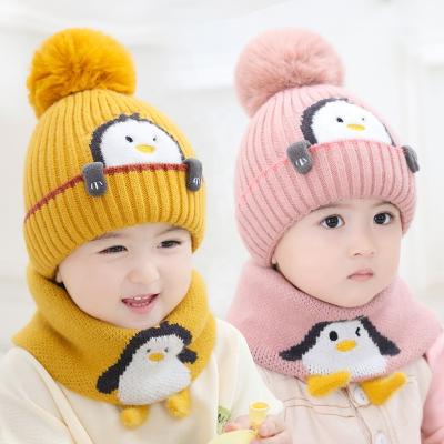 China Custom COMMON Plush Thickened Baby Hat Winter Warm Hat And Scarf Set Cute Children Knitted Beanie Hat for sale