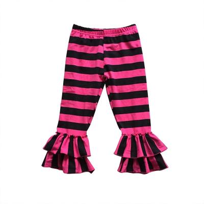 China Sustainable Hot Sale Cotton Kid Clothes Girls Pink Black Striped Pants W Kids Double Ruffles Legging Pants for sale