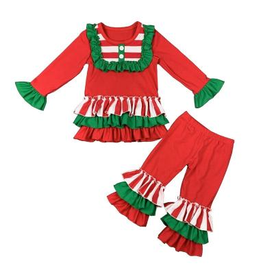 China 2 Pcs Baby Christmas Party Dressing Sets Autumn Ruffle Kids Casual Colorful Triple Cotton Outfits for sale