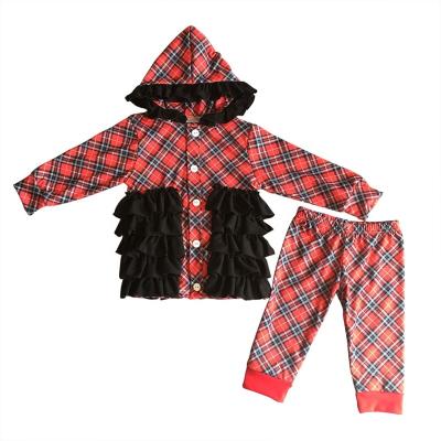 China Wholesale casual kids boutique rts fall winter clothing babies jacket sets toddler girls plaid ruffle hoodie outfits for sale