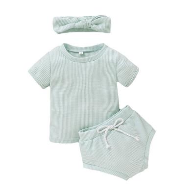 China Casual Babies Mask Kids Soft Boutique Amenities Clothes Cotton Summer Waffle Colors Simple Shorts Sets for sale