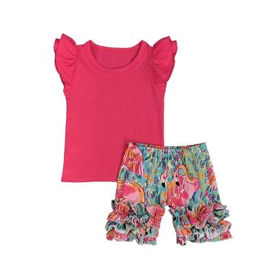 China RTS Casual Running Kids Clothes Trendy Hot Pink Float Tops And Flamingo Shorts Outfits Boutique Girls Clothing Sets for sale