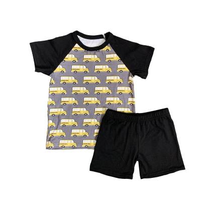 China Casual New Design Short Sleeves Boy Clothes Boutique School Bus Printed Shirts And Shorts 2 Piece Clothing Sets for sale