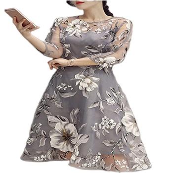 China Breathable Ladies Dress Floral Round Neck Ladies Summer Organza Cute Casual Dress for sale