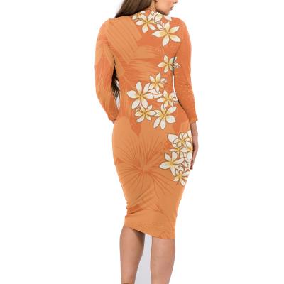 China Breathable Floral Print Fashionable Orange Polynesian Tribal Kids Clothes Girl Dresses Customized Logo Women Bodycon Dresses 2021 for sale