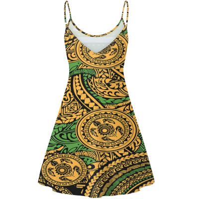 China Anti-Static Beach Casual Dress Samoa Floral Print A Line Polynesian O-Neck Spaghetti Strap Beach Sundress Midi Sundress for sale