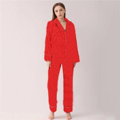 China Breathable Red Printed Comfortable Women's Silk Pajamas Loose Long Sleeve Ladies Sleepwear for sale