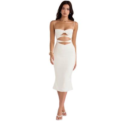 China 6689 Source Factory OEM Spaghetti Strap Summer Cutout Dress Breathable Women For Wedding Party Lift Up Bra Maxi White Dresses for sale