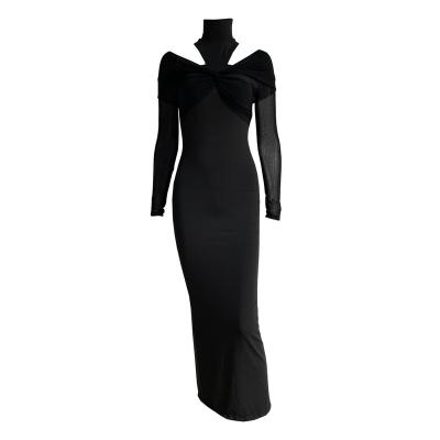 China 0108 Mesh Patchwork Mesh Midi Long Dress Holiday Breathable Sexy Party Club Women Tortoise Neck Slit Bodycon Black Dresses for sale