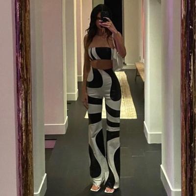 China 6387 Custom Printing Women's T Sets Breathable Crop Tops And Pants Elegant Summer Long Flare Two Piece Pants Sets 2022 for sale