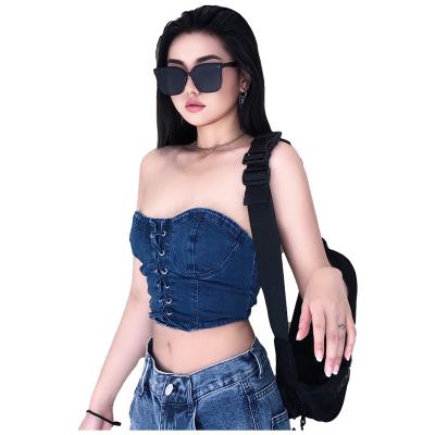 China 9717 Summer Women's Sexy Strapless Spring Crop Top Breathable Custom Denim Lace Up Bustier Female Vintage Camis Streetwear Camisole for sale