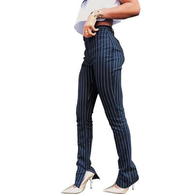 China 8291 Womens Breathable Navy Style Stripe Cardigan Pants High Waist Pencil Pants Slim Edge Split Long Trousers For Ladies Office Wear for sale