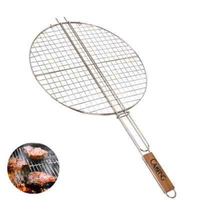 China Easily Cleaned Durable BBQ accessories stainless steel round bbq wire grill basket with wooden handle for sale