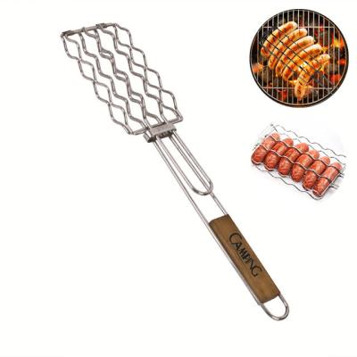 China Easily Cleaned Popular BBQ accessories wood handle sausage hot dog grill basket for sale