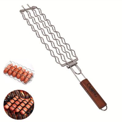 China Easily Cleaned Multifunction stainless steel bbq sausage hot dog grill basket with wood handle for sale