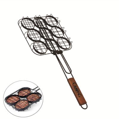 China Easily Cleaned Non stick BBQ grill basket charcoal 9 hamburger grill basket with wood handle for sale