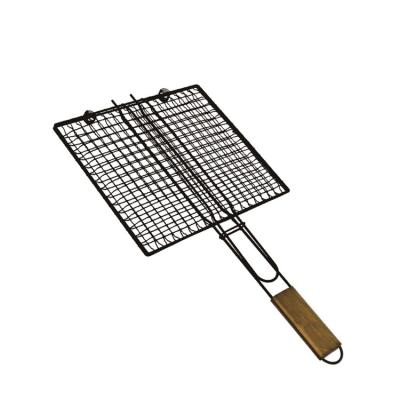 China Easily Cleaned Food grade multifunction non-stick bbq kabob grilling basket vegetable grill net with wooden handle for sale