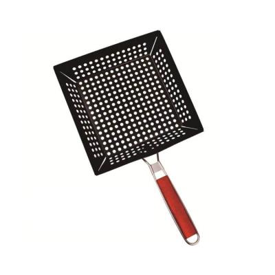 China Easily Cleaned Nonstick coating square vegetable grill basket with foldable wood handle for bbq for sale