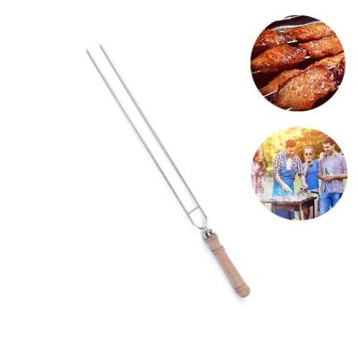 China Easily Cleaned Strong and utility stainless steel double fork bbq food skewer with wood handle for sale