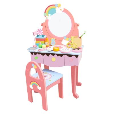 China Educational Wooden Montessori Intelligence Development Role Play Pretend Simulation Vanity Unit Cosmetic Girls' Dressing Table Sets for sale